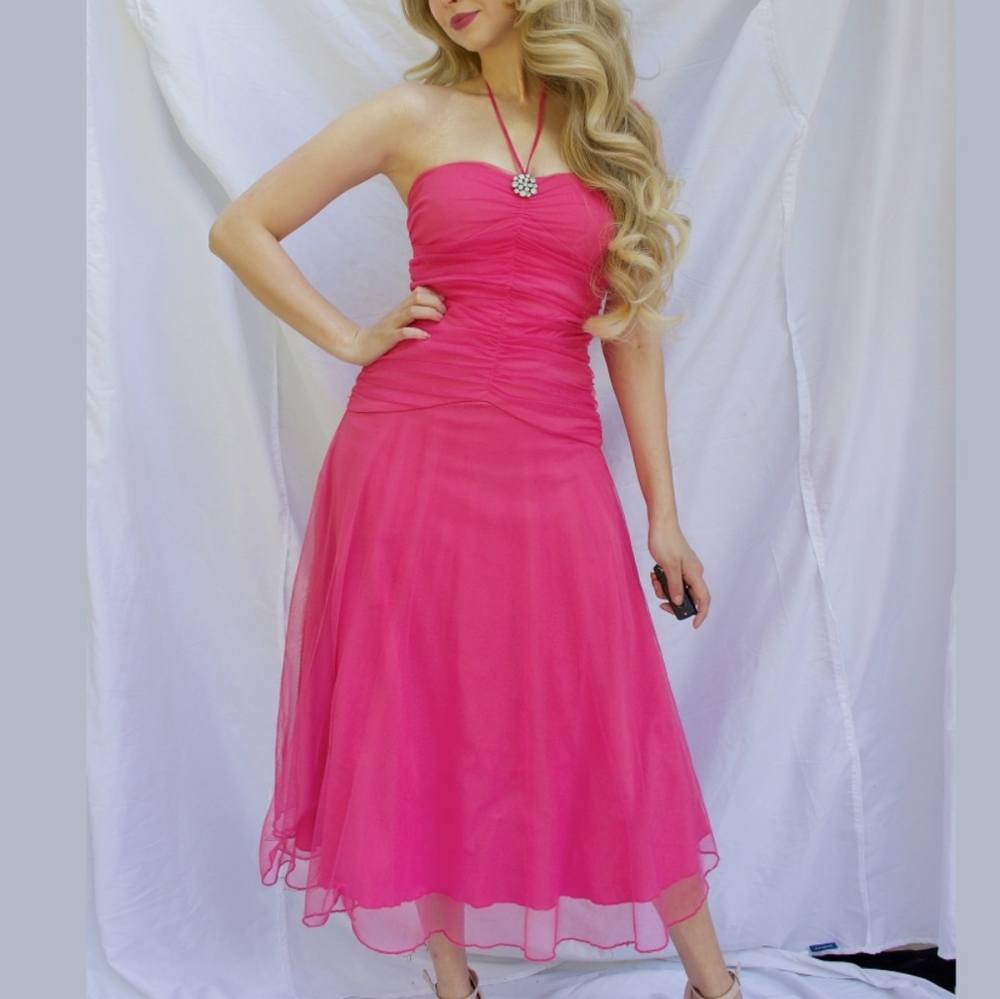 Y2k 2000s Sparkly Bubblegum Pink Midi Dropwaist Halter Tie Cocktail Dress